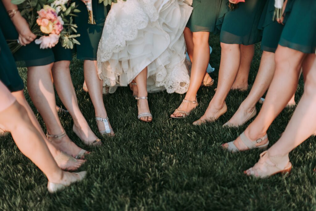 The woman of the wedding party show off their elegant footwear
