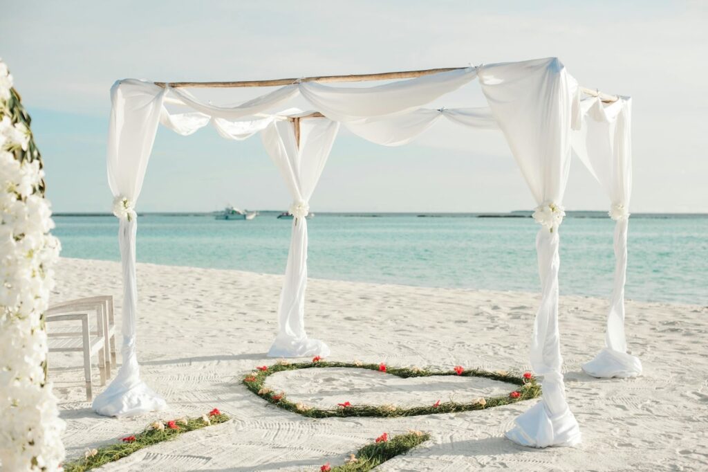 An elegant wedding set on a beach
