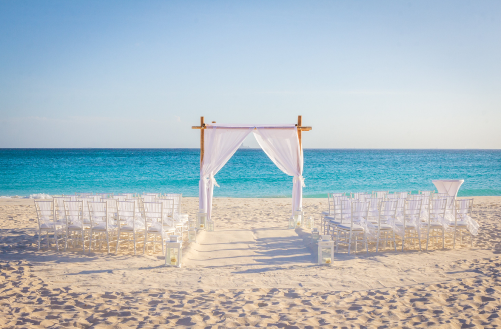 Set up for a serene beach wedding ceremony in Montego Bay