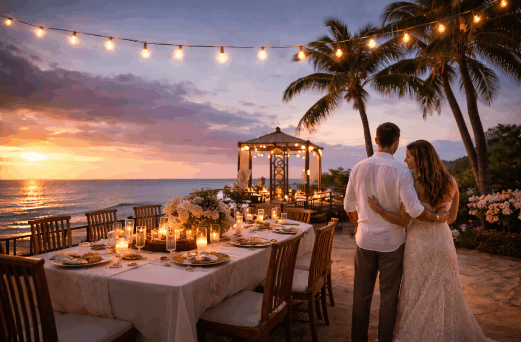 Newlyweds on Montego Bay beach at sunset